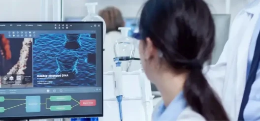 woman looking over at a pc